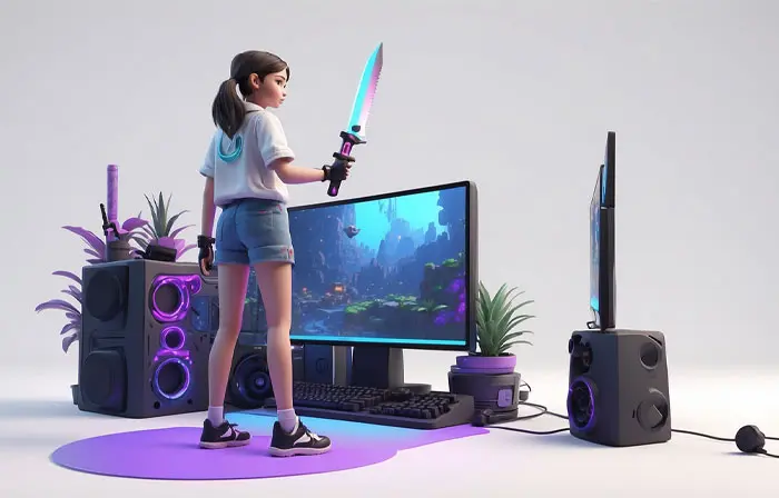 Girl Holding a Gaming Sword Realistic 3D Character Design Illustration image